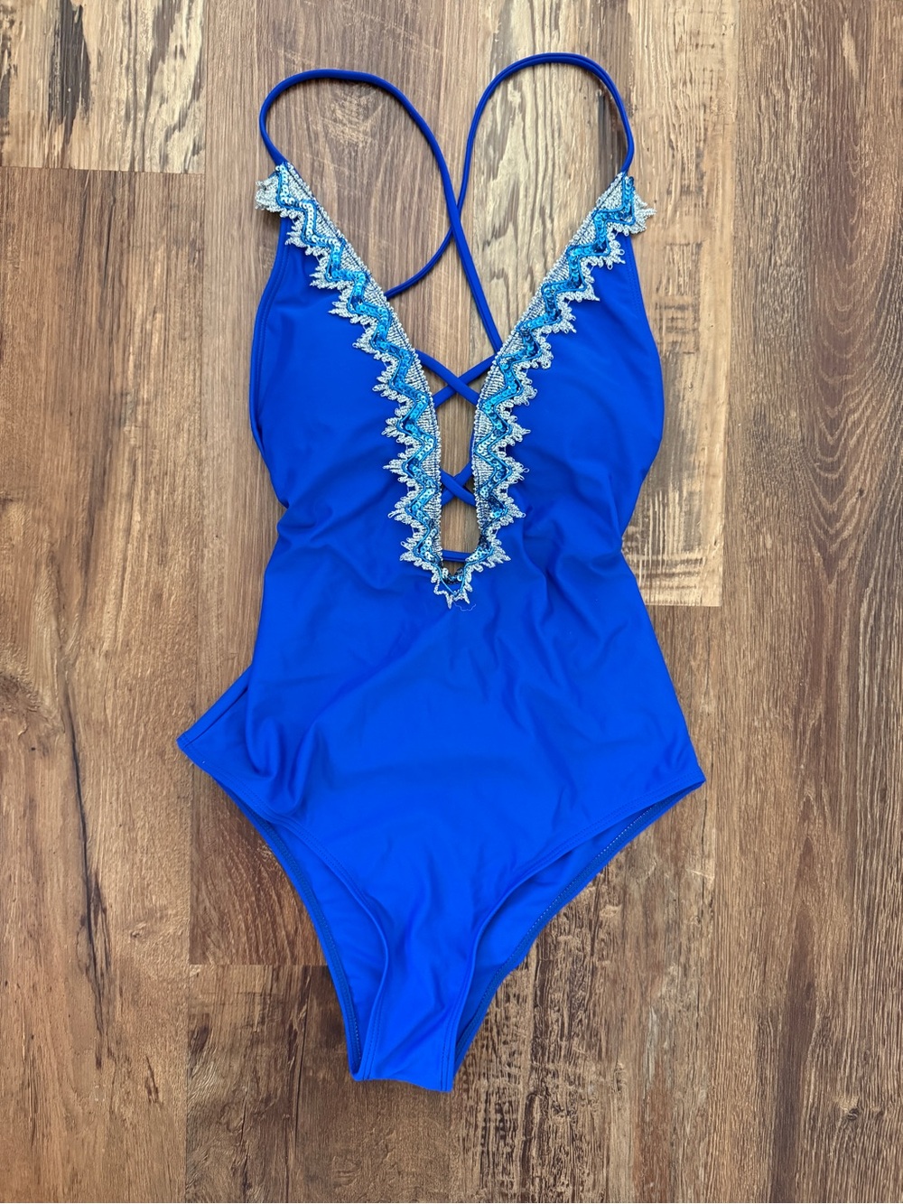 SHEIN Chevron Sequin Crisscross Backless One Piece Swimsuit